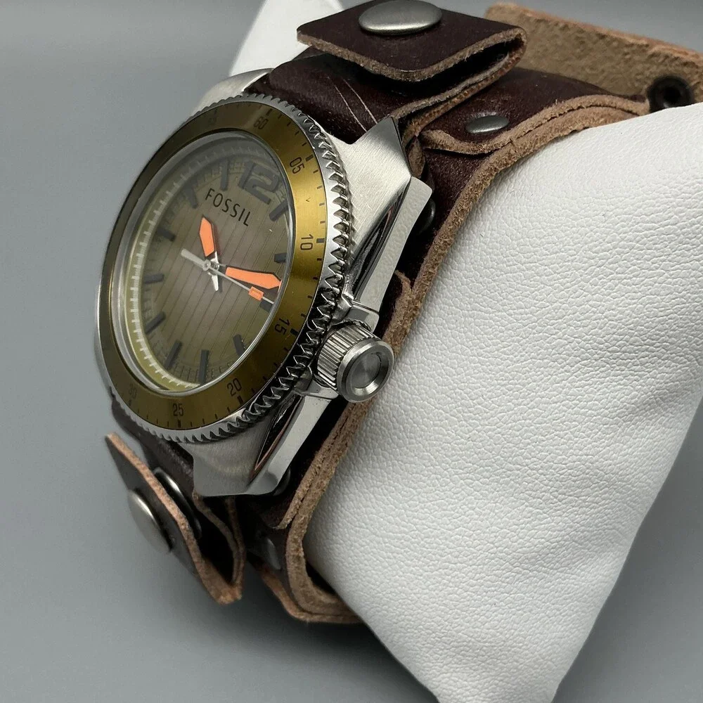Fossil Mens Watch 38mm Bronze Dial Brown Bund Leather MB-1043 New Battery